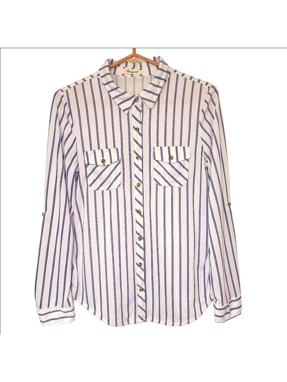 PASSPORT BUTTON DOWN SHIRT NAUTICAL STRIPED WHITE BLUE LONG SLEEVES WOMENS